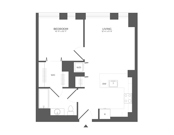 A floor plan of a small apartment with a bedroom, living room, and a bathroom.