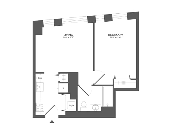 A black and white image of a living room and bedroom floor plan.