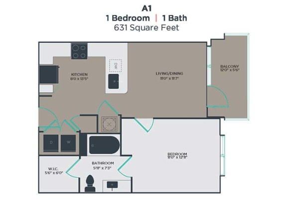 A1 1 Bed 1 Bath Floor Plan at Link Apartments Innovation Quarter, Winston Salem, NC