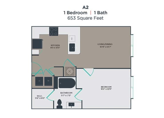 A2 1 Bed 1 Bath Floor Plan at Link Apartments Innovation Quarter, Winston Salem, 27101