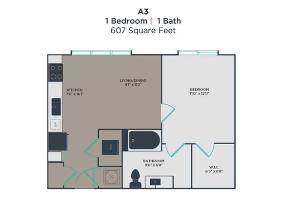 A3 1 Bed 1 Bath Floor Plan at Link Apartments Innovation Quarter, North Carolina