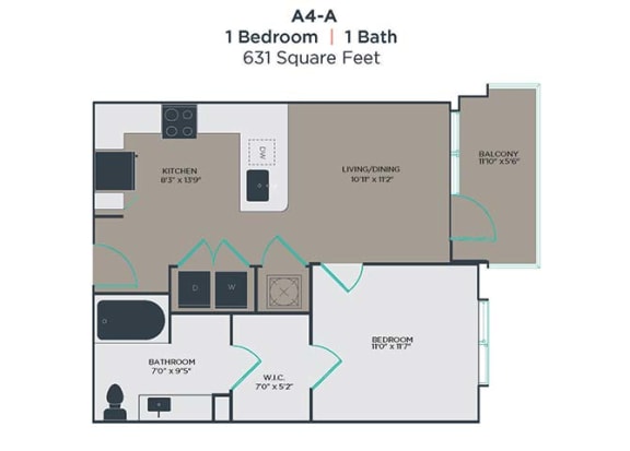 A4-A 1 Bed 1 Bath Floor Plan at Link Apartments Innovation Quarter, Winston Salem, North Carolina