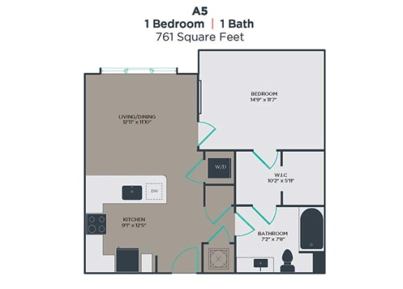 A5 1 Bed 1 Bath Floor Plan at Link Apartments Innovation Quarter, Winston Salem, NC, 27101