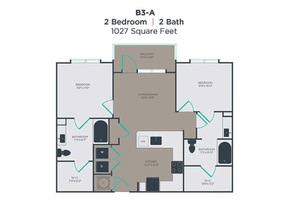 B3-A 2 Bed 2 Bath Floor Plan at Link Apartments Innovation Quarter, Winston Salem, NC, 27101