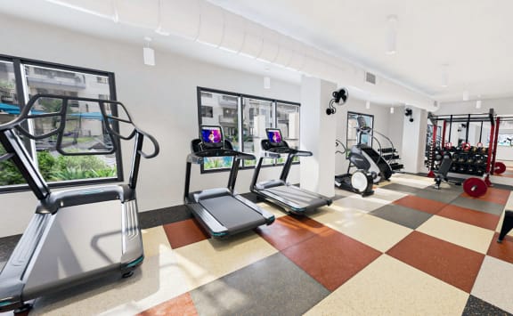 Treadmills, stair climber, rowing machine, bike, and weights at brand new fitness center in Madison Park in Charlotte, NC.