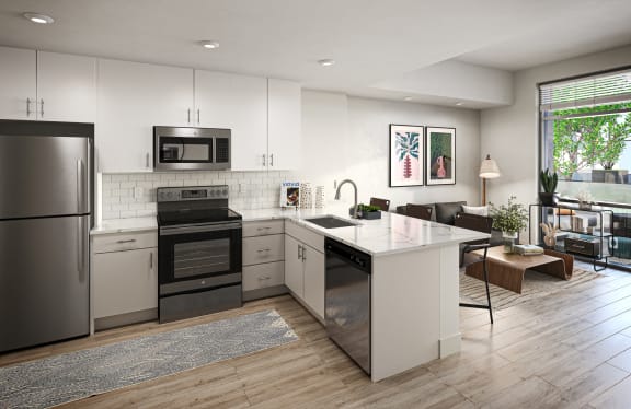 a kitchen with white cabinets and stainless steel appliances at Link Apartments® Four 12, California
