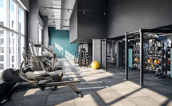 a large fitness room with weights machines and a large yellow ball