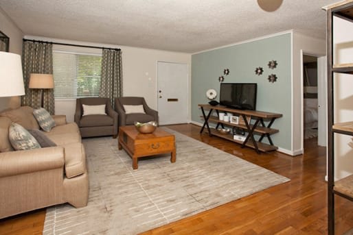 Wood Floor Living Room at Glen Lennox Apartments, North Carolina