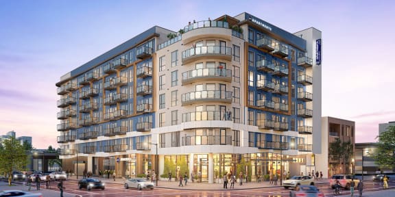 a rendering of a large building on a city street at Link Apartments® Four 12, Oakland, CA