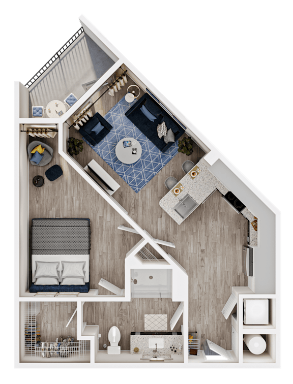 A detailed 3D floor plan of a small apartment layout.