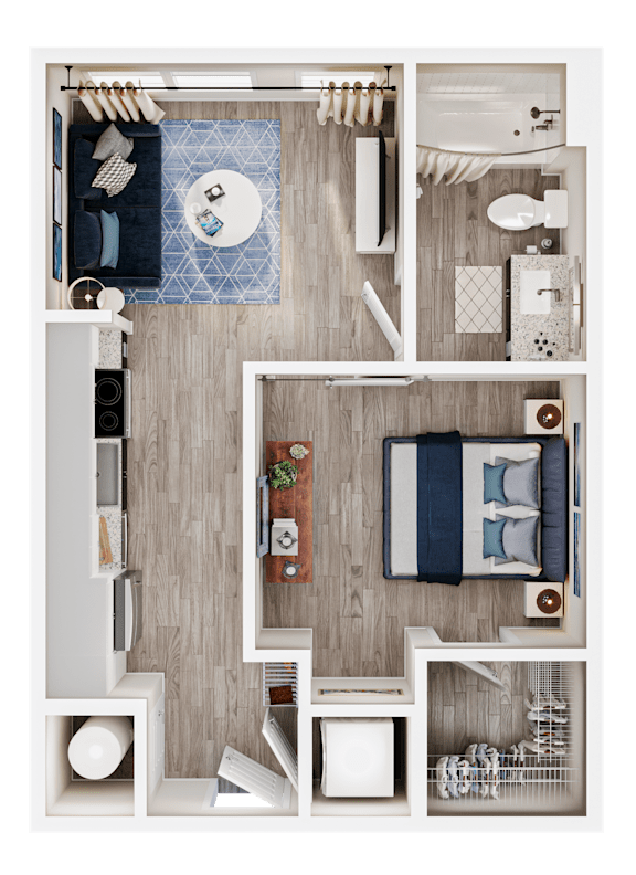 A top-down view of a small, neatly organized apartment with a kitchen, living room, and bathroom.