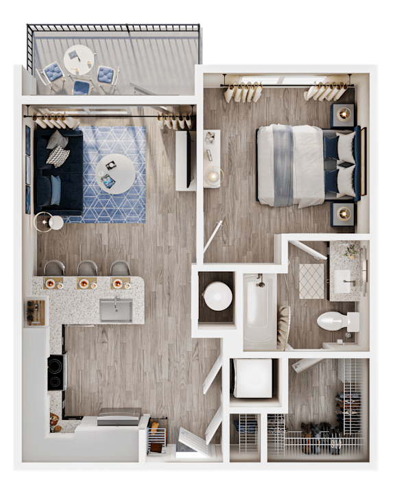 A top-down view of a small apartment layout with a kitchen, living room, and bathroom.