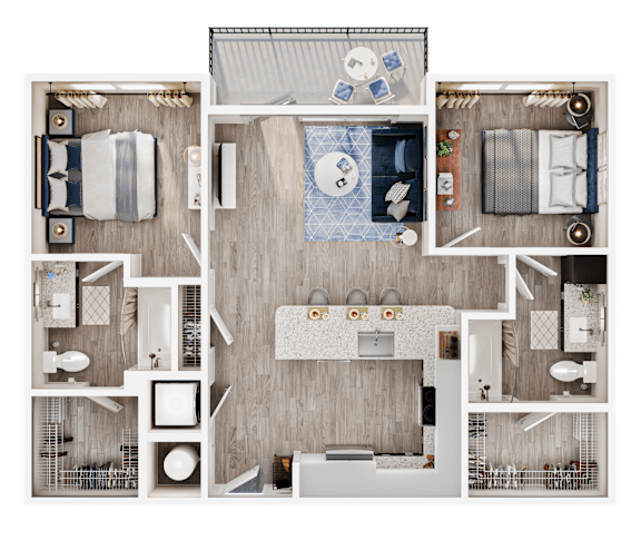 A top-down view of a house layout with a kitchen, living room, and bathrooms.