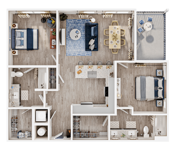 A top-down view of a well-organized room with a bed, a desk, and a kitchenette.