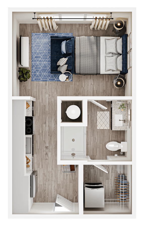 A modern bathroom with a towel rack, toiletries, and a towel on the counter.