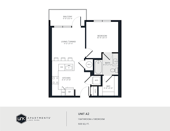 A floor plan for Unit A2 at Lake Park apartments showing a 1 bathroom and 1 bedroom layout.