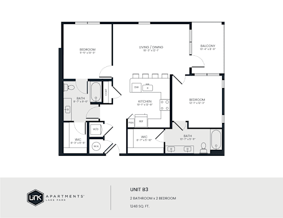 A black and white image of a floor plan for a 2 bedroom apartment.