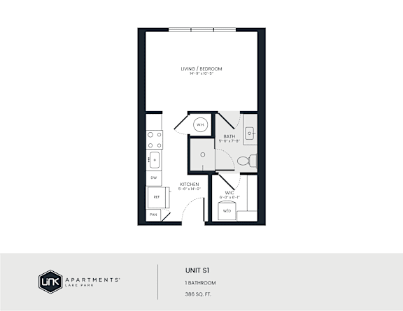 A black and white image of a floor plan for a 1 bedroom apartment.
