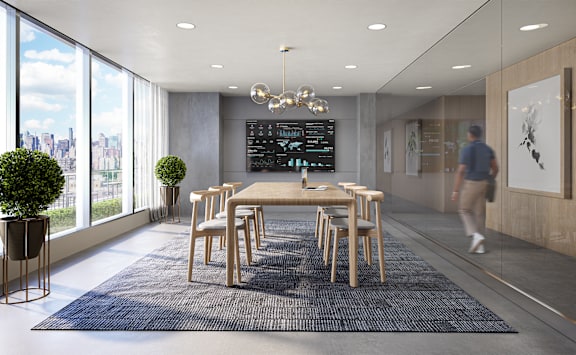 a rendering of a dining room with a large table and chairs