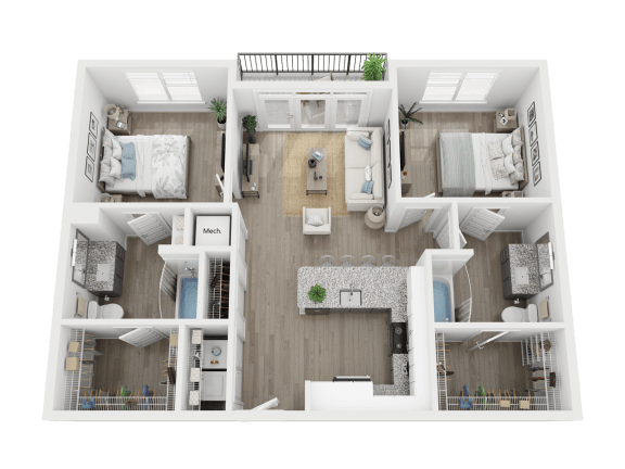 Two bedroom two bathroom floor plan designed with comfort in mind.  Located at Link Apartments 4th Street in Winston-Salem, NC