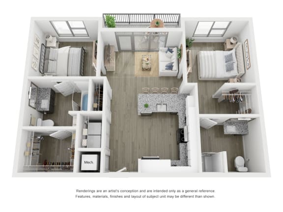 Two bedroom 2 bathroom floor plan F at Link Apartments® Broad Ave, Tennessee, 38112