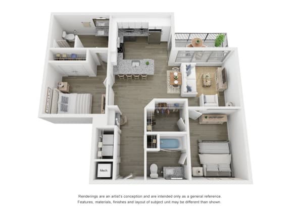Two bedroom 2 bathroom floor plan B2-A at Link Apartments® Broad Ave, Tennessee