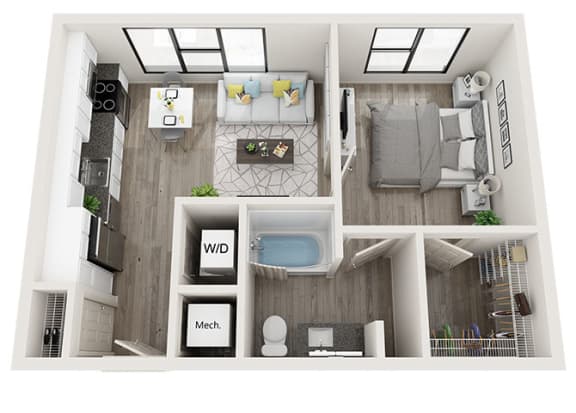 1 bed 1 bath A3 Floor Plan at Link Apartments Innovation Quarter, Winston Salem
