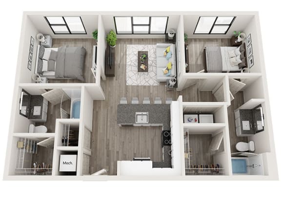 2 bed 2 bath B2 Floor Plan at Link Apartments Innovation Quarter, Winston Salem, NC