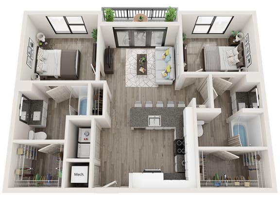 2 bed 2 bath B3 Floor Plan at Link Apartments Innovation Quarter, Winston Salem, 27101