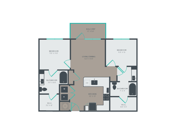 B1-A 2 Bed 2 Bath Floor Plan at Link Apartments® Grant Park, Atlanta