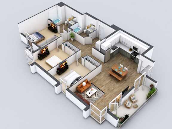 A 3D rendered image of a modern house interior.