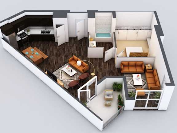 A 3D floor plan of a small apartment with a kitchen, living room, and bedroom.