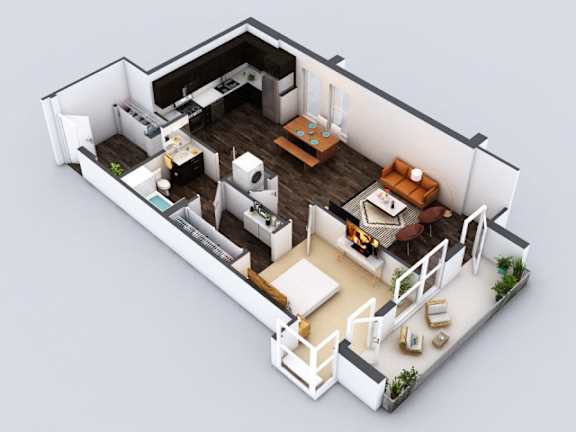 A 3D floor plan of a small apartment with a kitchen, living room, and bathroom.