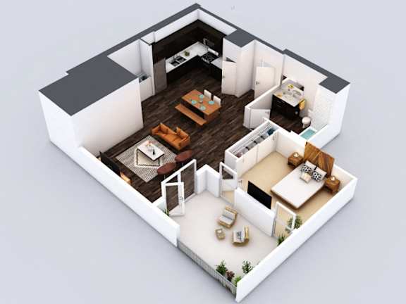 A 3D floor plan of a house with a living room, kitchen, and two bedrooms.
