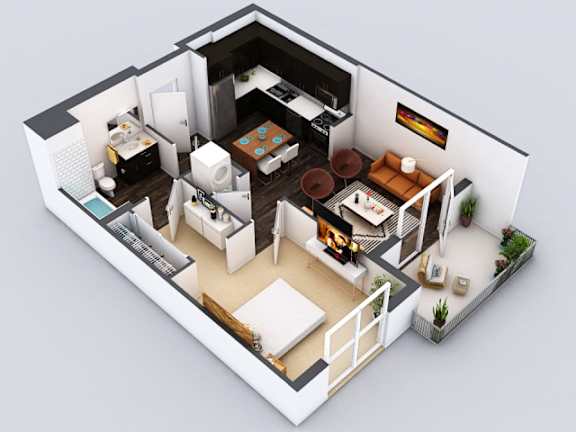 A 3D floor plan of a house with a kitchen, living room, and bathroom.
