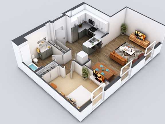 A 3D floor plan of a small apartment with a kitchen, living room, and bedroom.
