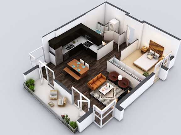 A 3D rendered image of a modern apartment layout.