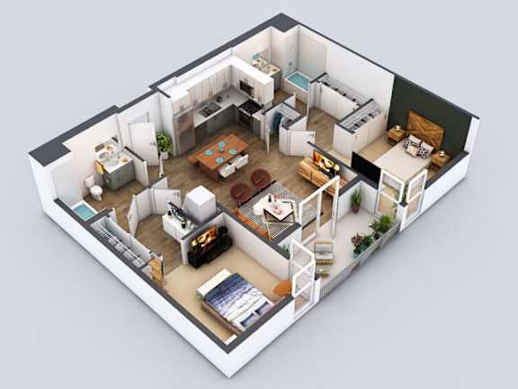 A 3D floor plan of a house with a living room, kitchen, and bedrooms.