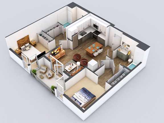 A 3D floor plan of a small apartment with a kitchen, living room, and bedrooms.
