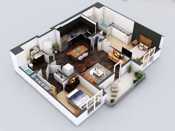 A 3D model of a house with a living room, kitchen, and bedrooms.