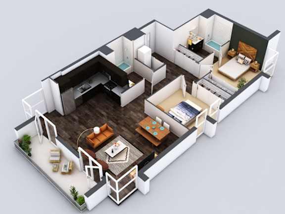 A 3D floor plan of a house with a living room, kitchen, and two bedrooms.