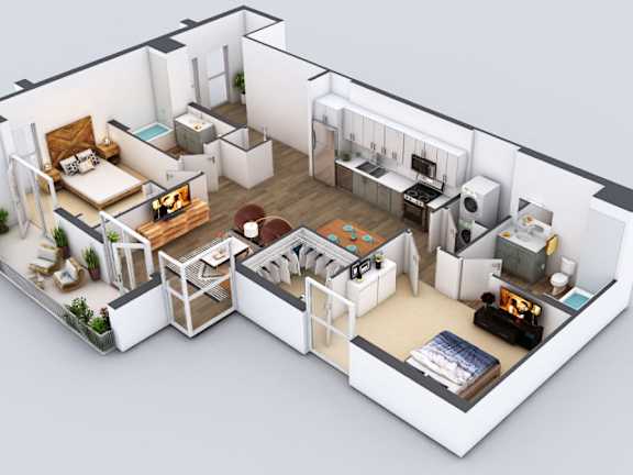A 3D rendered image of a modern apartment layout.