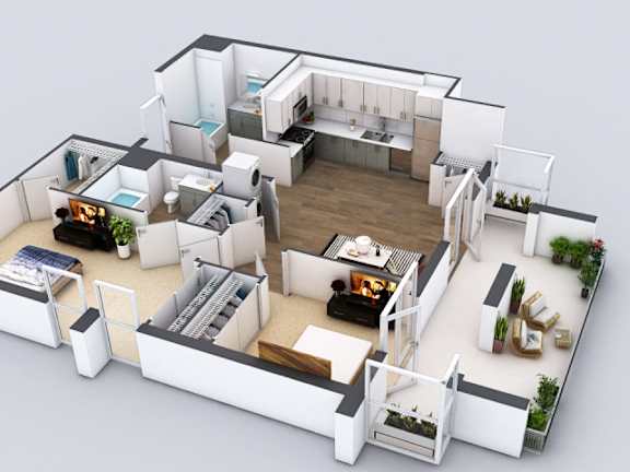 A 3D floor plan of a modern apartment with a kitchen, living room, and bedrooms.