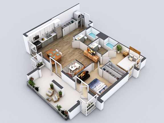 A 3D rendered image of a modern house interior.