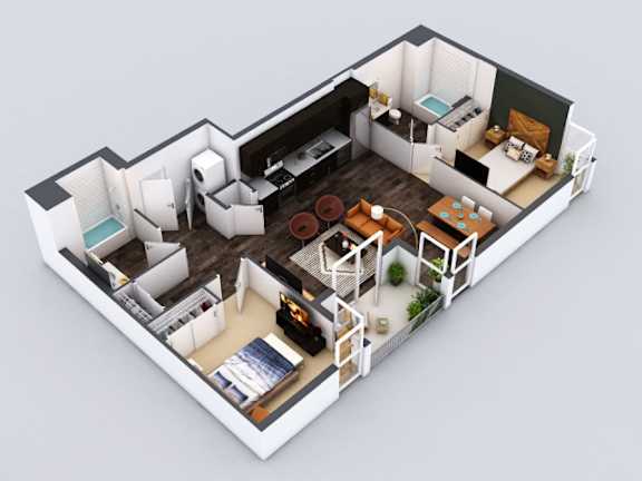 A 3D floor plan of a house with a living room, kitchen, dining room, and bathroom.
