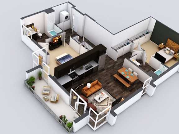 A 3D floor plan of a house with a living room, kitchen, and bathroom.