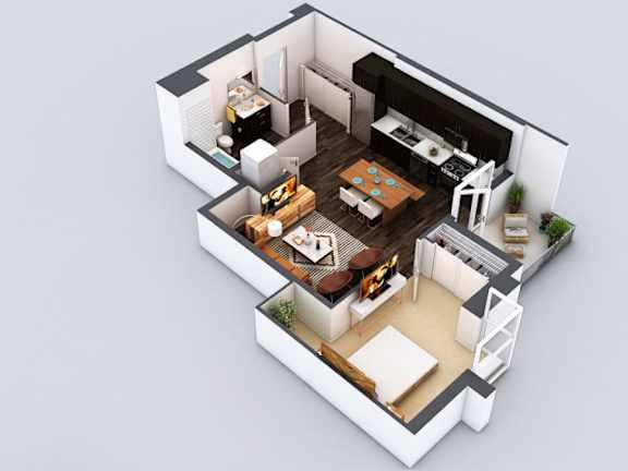 A 3D rendered image of a modern house interior.