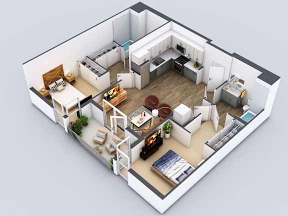 A 3D rendered image of a modern apartment layout.