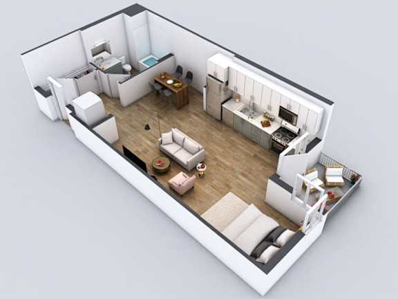 A 3D rendered image of a modern apartment layout.
