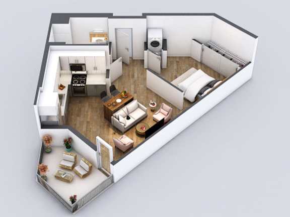 A 3D floor plan of a small apartment with a kitchen, living room, and bedroom.